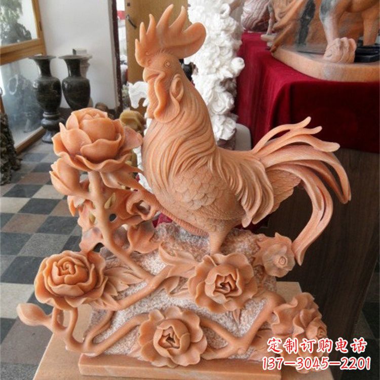 南京晚霞红石雕公鸡雕塑