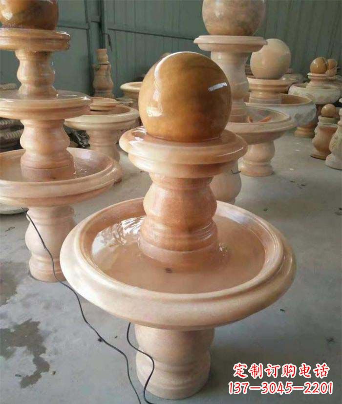 南京晚霞红双层风水球别墅喷泉石雕