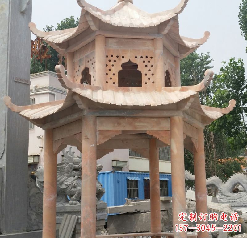 南京晚霞红双层六角凉亭石雕 (2)