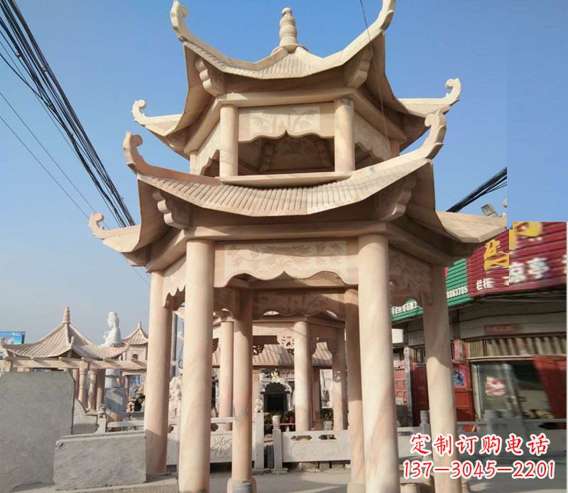 南京晚霞红双层六角凉亭石雕 (3)