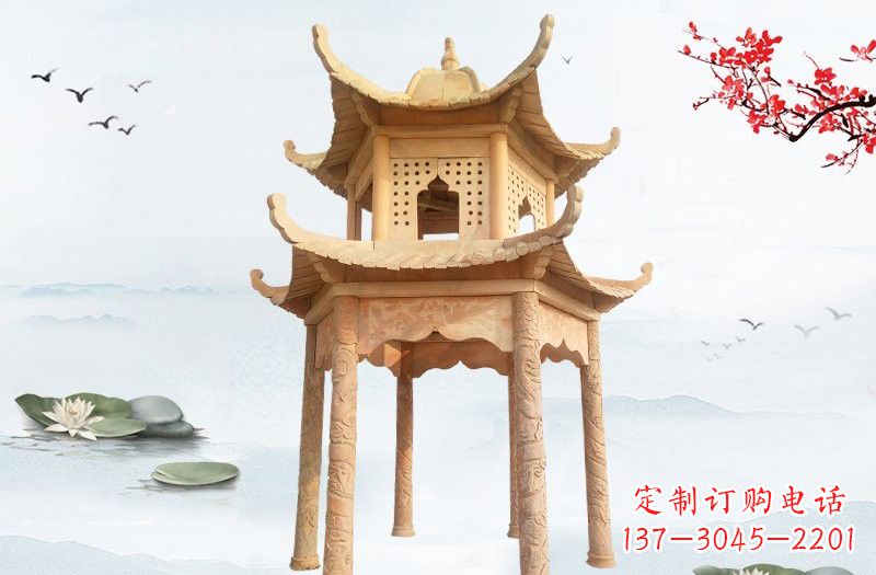 南京晚霞红双层六角凉亭石雕