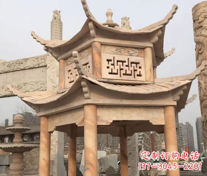 南京晚霞红双层石雕凉亭