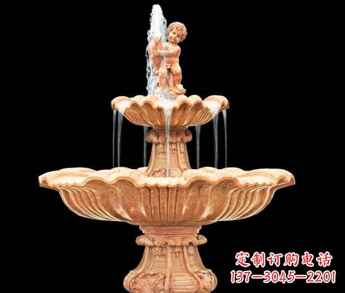 南京晚霞红小孩抱鱼石雕喷泉