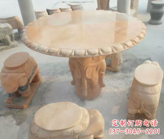 南京晚霞红小象桌凳别墅石雕 (2)
