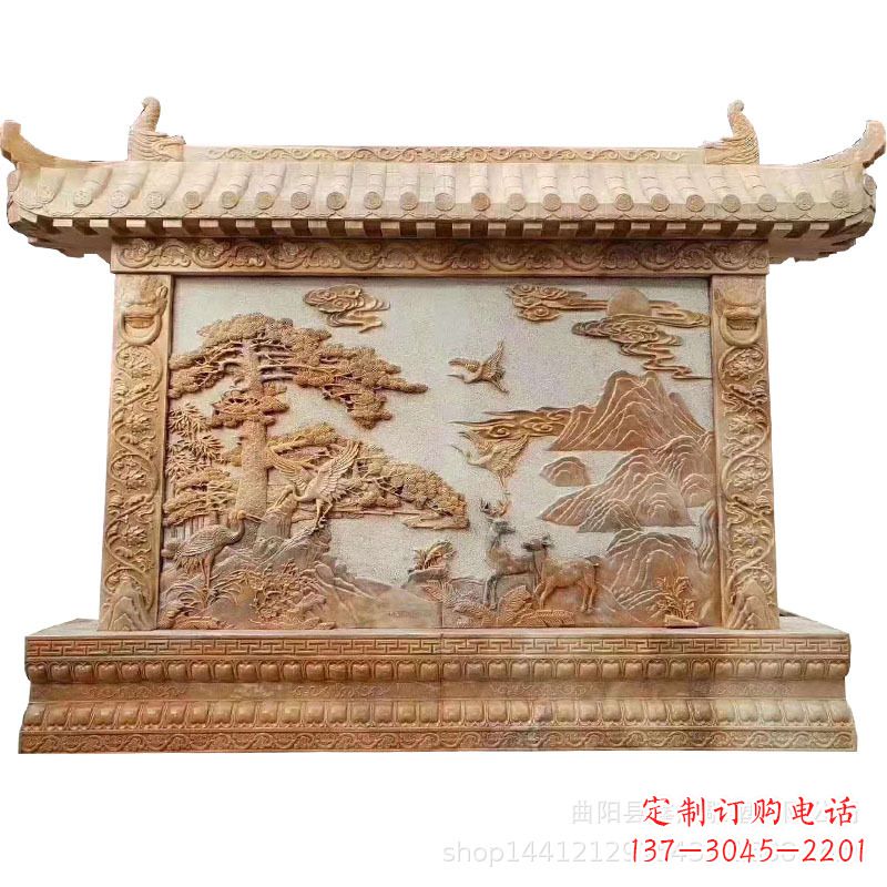 南京晚霞红迎客松石雕影壁