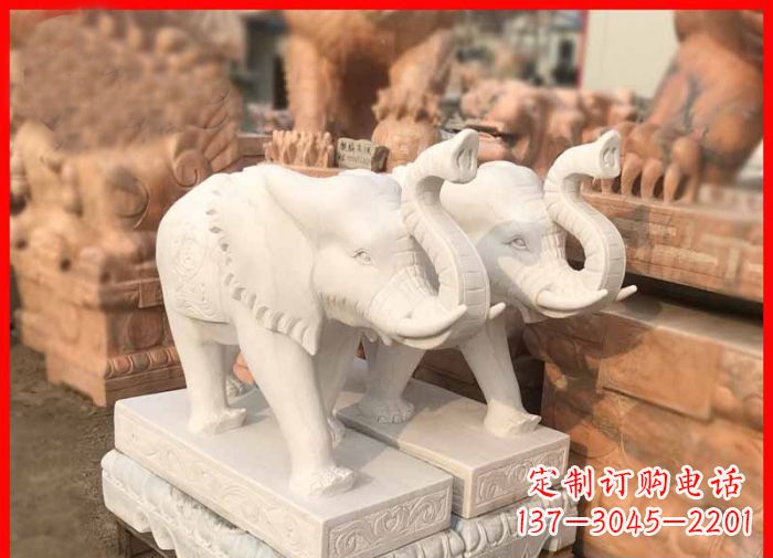 南京象鼻朝天的大象汉白玉招财石雕