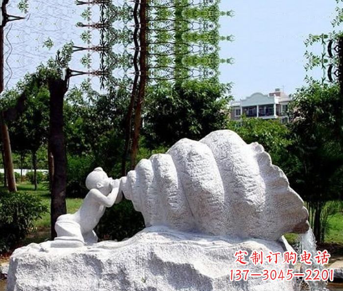 南京小区景观小孩吹螺号石雕
