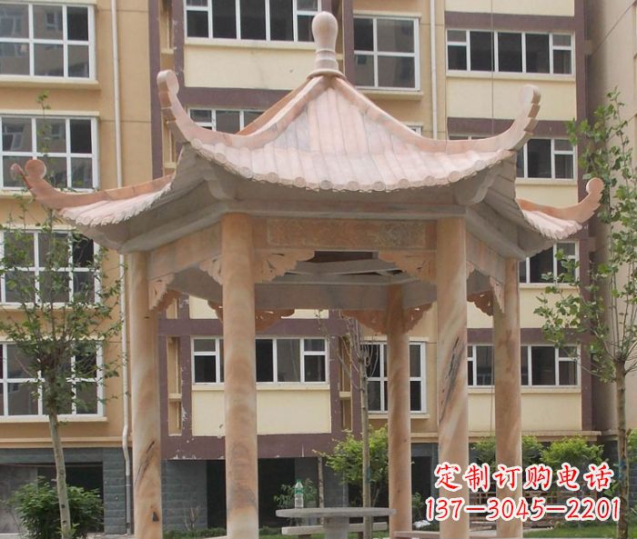 南京小区晚霞红六角凉亭石雕