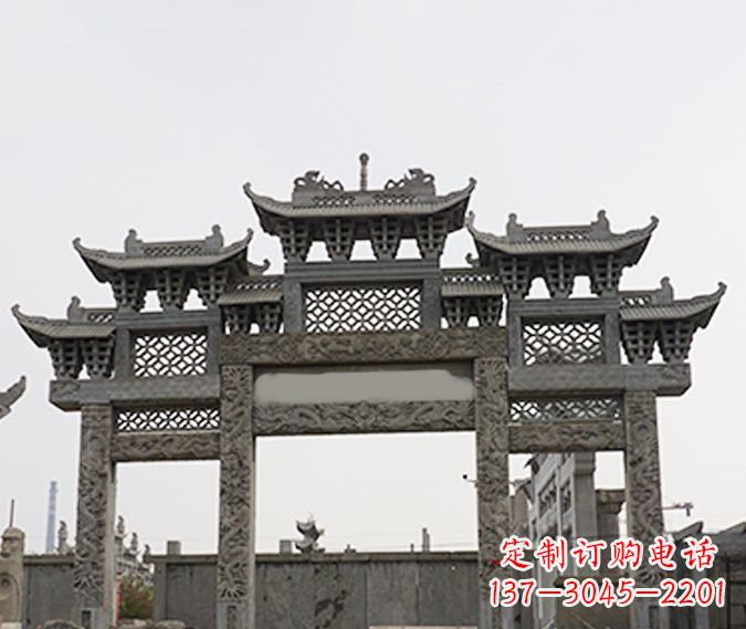 南京园林仿古三门牌坊石雕 (4)