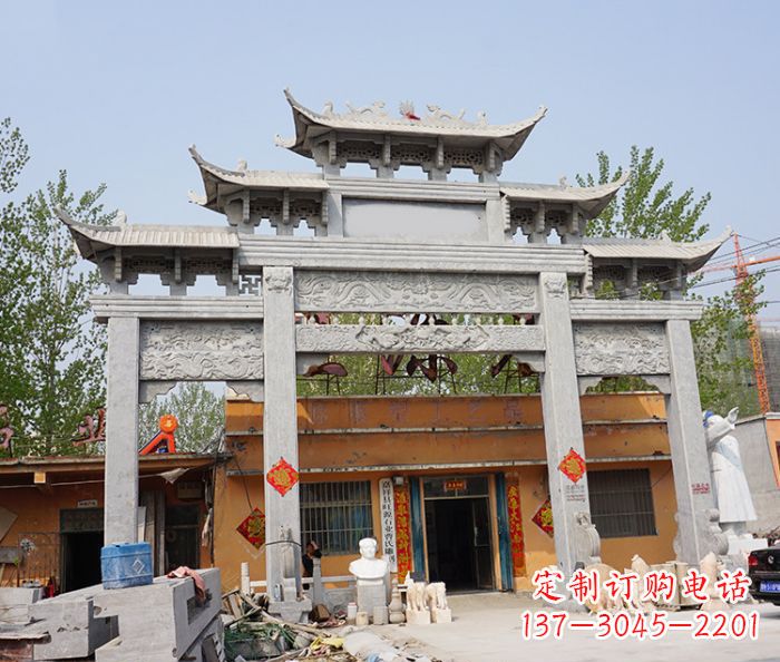 南京园林仿古三门牌坊石雕 (5)