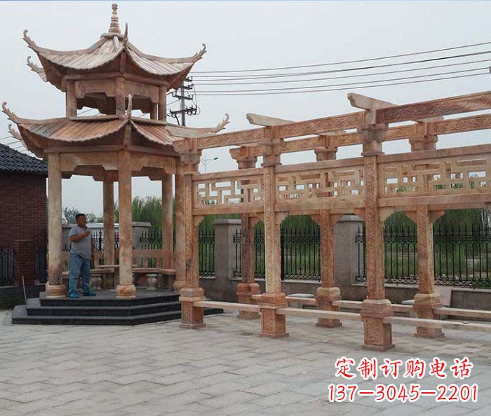 南京园林景观晚霞红凉亭长廊石雕