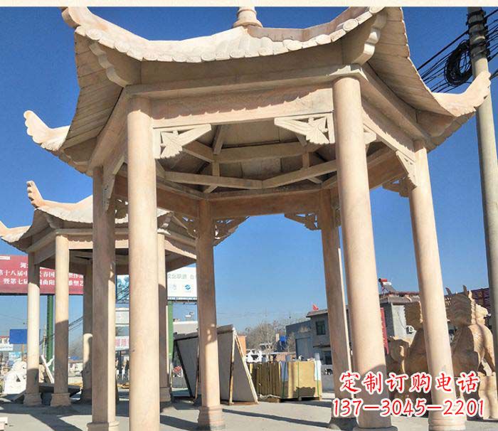 南京园林景观晚霞红六角石雕凉亭 (2)