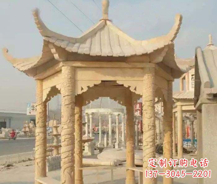 南京园林景观晚霞红六角石雕凉亭 (3)