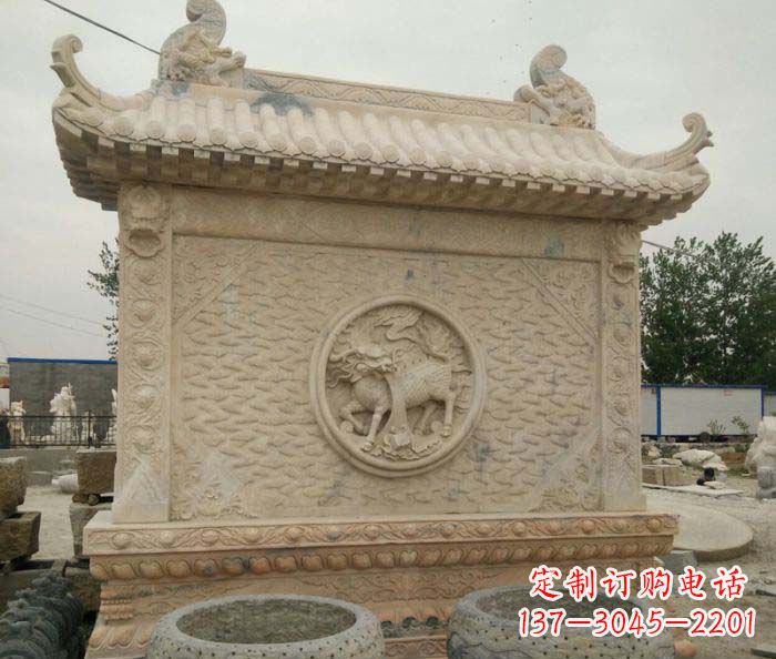 南京园林景观晚霞红石雕影壁