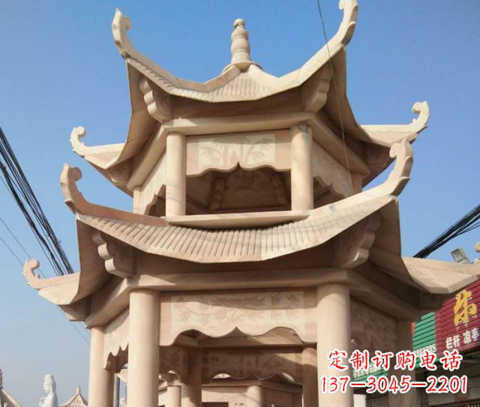 南京园林景观晚霞红双层石雕凉亭 (2)