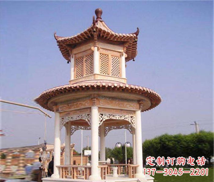 南京园林景观晚霞红双层石雕凉亭 (4)