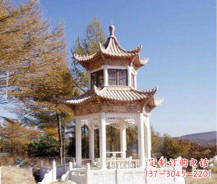 南京园林景观晚霞红双层石雕凉亭 (3)
