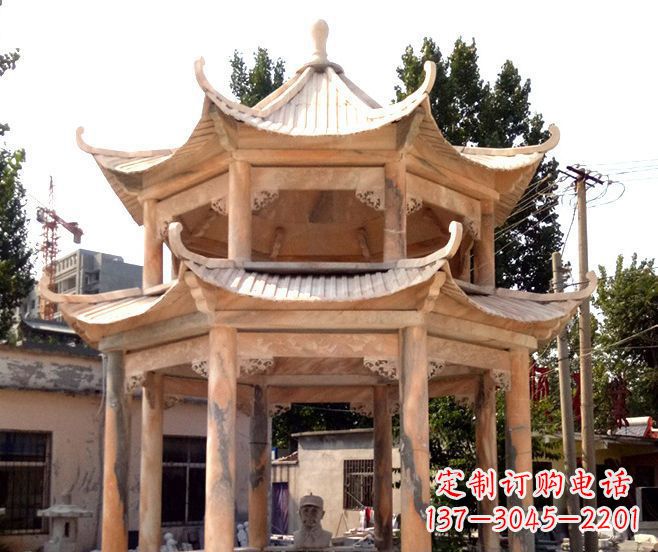 南京园林景观晚霞红双层石雕凉亭