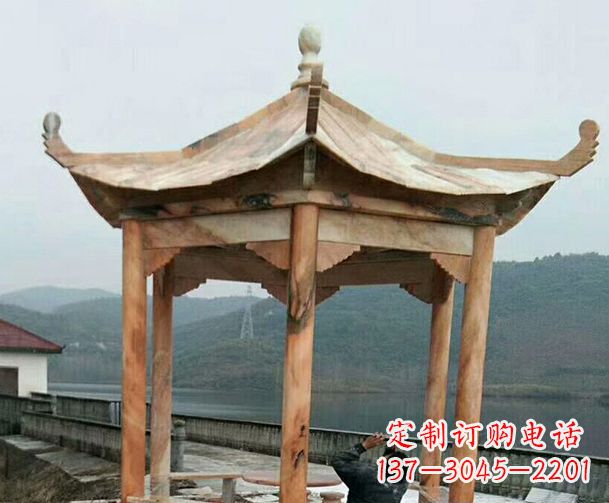 南京园林晚霞红单层石凉亭景观石雕