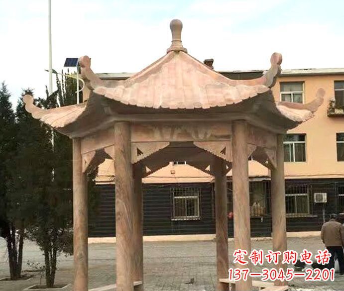 南京园林晚霞红六角石雕凉亭