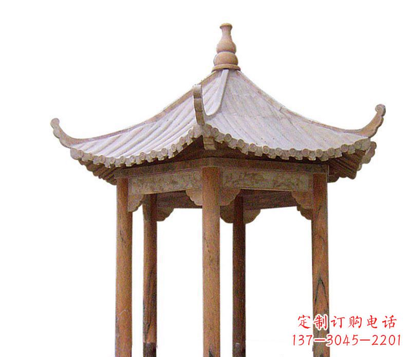 南京园林晚霞红六角石凉亭景观石雕 (2)