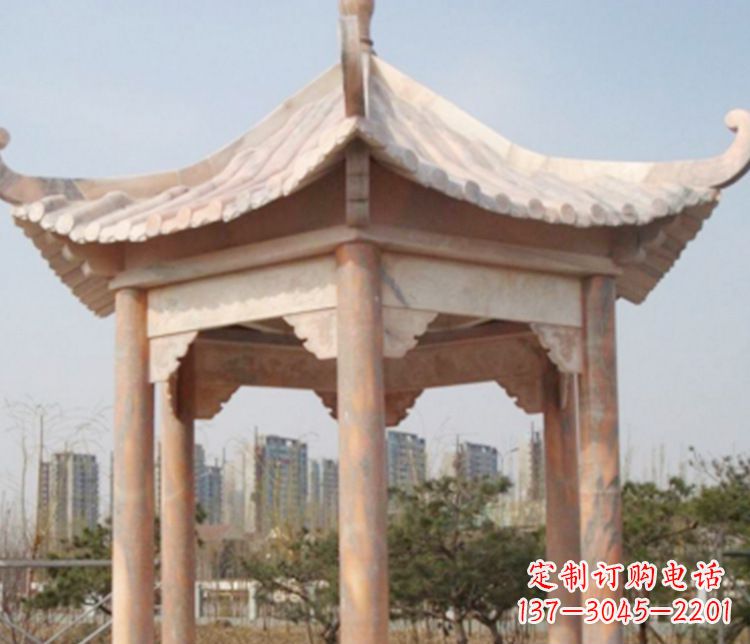 南京园林晚霞红六角石凉亭景观石雕