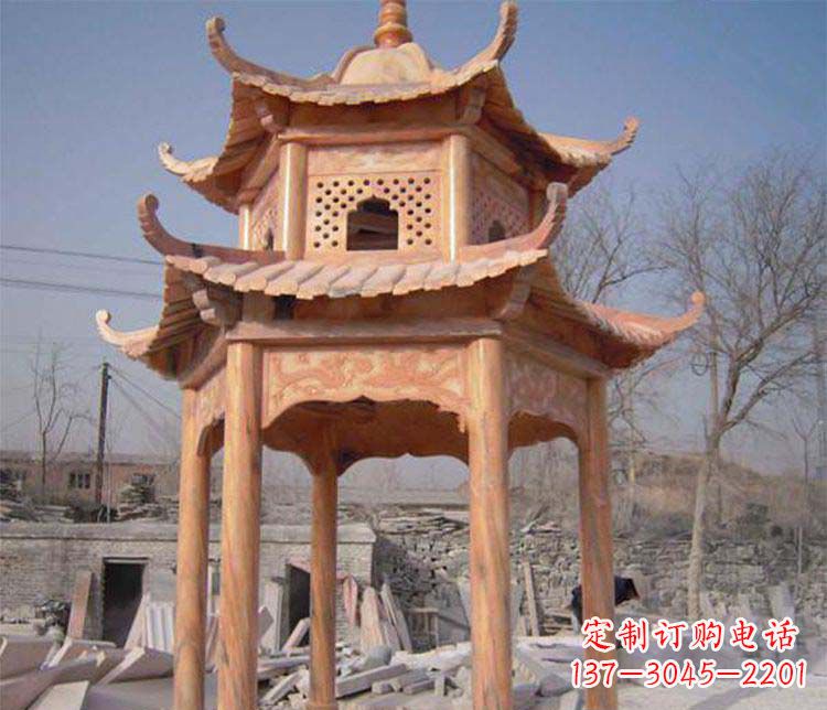 南京园林晚霞红石凉亭景观石雕