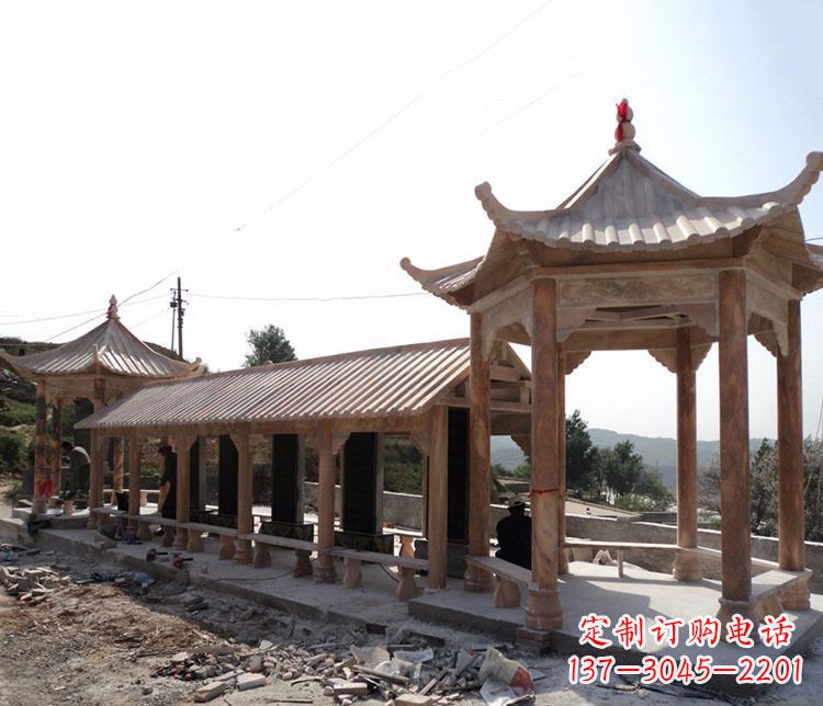 南京园林晚霞红长廊凉亭景观石雕