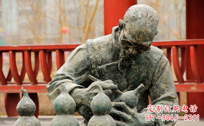 南京园林在葫芦上刻字的老人小品铜雕