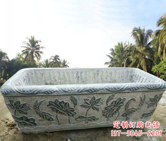 南京长方形连年有余荷花浮雕石水缸