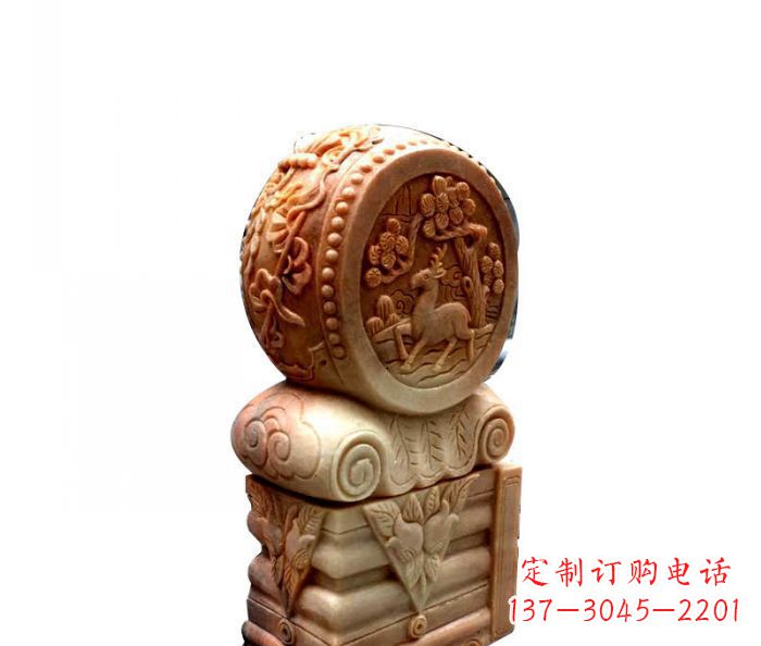 南京招财石门墩晚霞红抱鼓石
