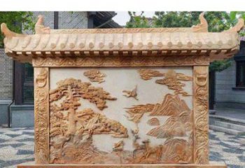 南京园林景观晚霞红松鹤石浮雕影壁