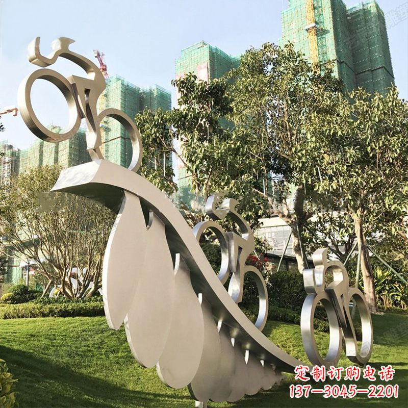 南京自行车雕塑-抽象不锈钢骑自行车人物景观雕塑